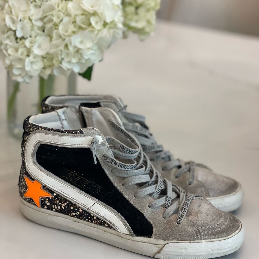 Golden Goose Slides hi top size 37 Glitter orange star grey suede sneaker